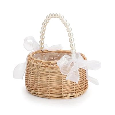 AWAOVV Rustic Rattan Flower Girl Basket with Beaded Handle