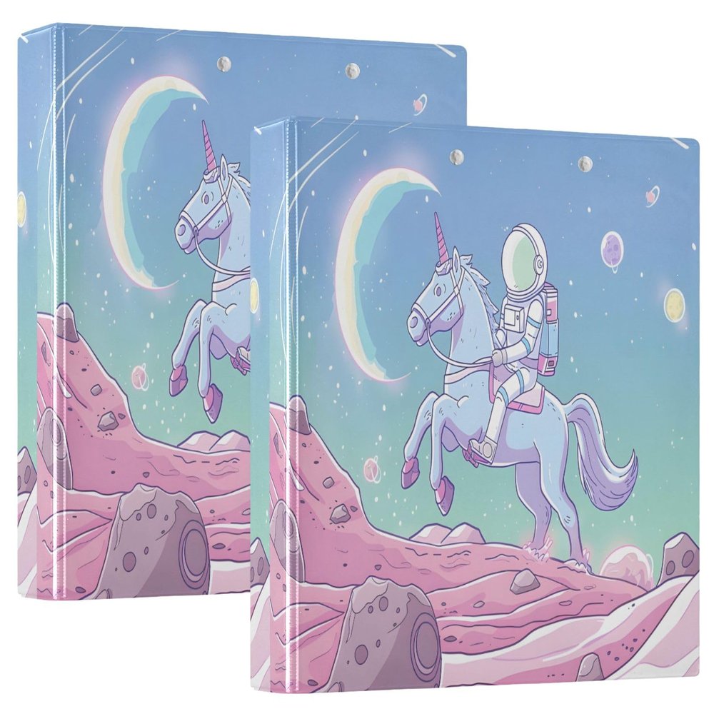 3-Ring Binder with Astronauts Riding Unicorns, 3.8 cm Rings, 200 Sheets, 2-Pack