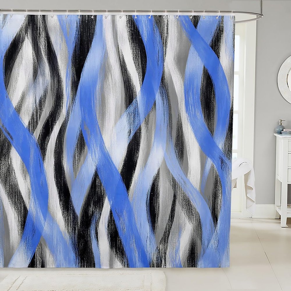 Geometric Stripe Shower Curtain, 180W x 210L cm, Gray Black Blue