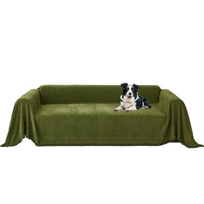 Chenille Sofa Cover with Herringbone Pattern, L-Shaped, Non-Slip, Machine Washable, Tassel Trim for 2–3-Seat Couch, Dark Green, 180 x 300 cm