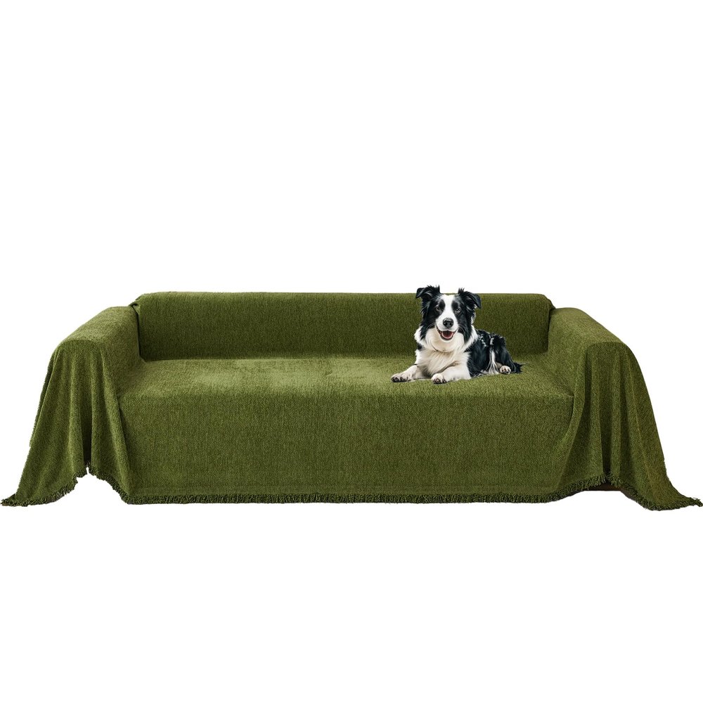 Chenille Sofa Cover with Herringbone Pattern, L-Shaped, Non-Slip, Machine Washable, Tassel Trim for 2–3-Seat Couch, Dark Green, 180 x 300 cm