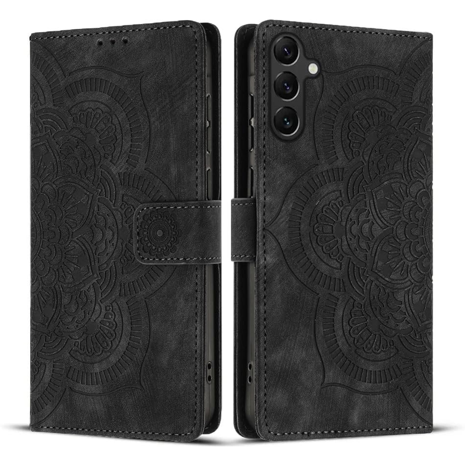 Samsung Galaxy A15 Flip Wallet Case, Mandala Pattern PU Leather Cover with Card Slots, Stand, Magnetic Closure, Black