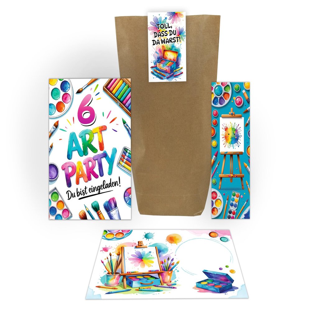 Junaversum 12 Invitations for a 6th Birthday, Creative Art DIY Painting Party for Kids, incl. Envelopes, Bags, Stickers & Bookmarks