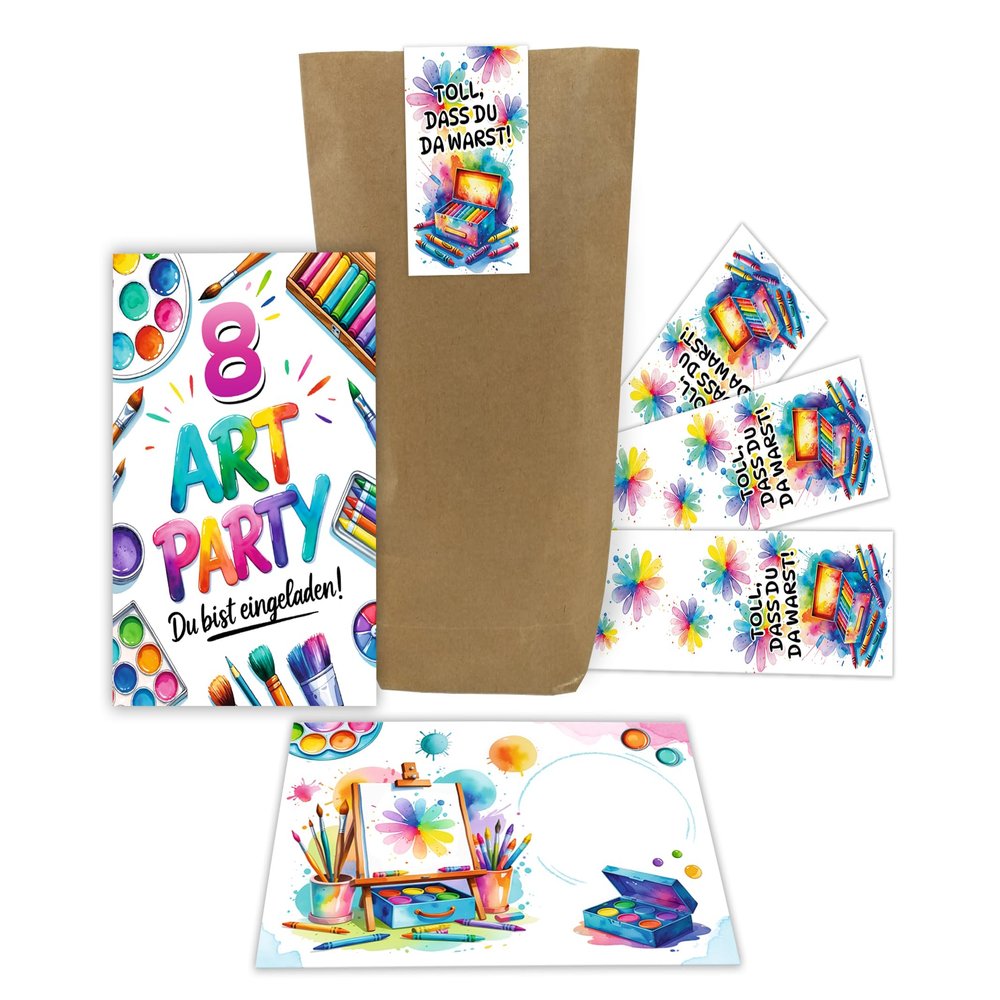Junaversum 6 Invitations for an 8th Birthday Art & Craft Party, with Envelopes, Bags and Stickers