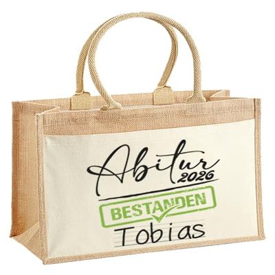 LIEBTASTISCH Personalized Jute Tote Bag – Graduation 2026, with Name, Size L (42 x 33 x 19 cm)