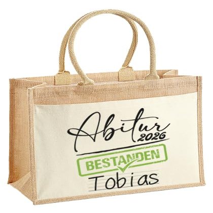 LIEBTASTISCH Personalized Jute Tote Bag – Graduation 2026, with Name, Size L (42 x 33 x 19 cm)