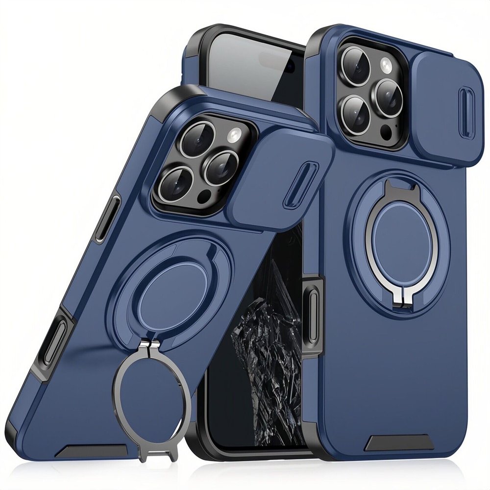 Mixroom Case for iPhone 15 Pro with Ring Stand and Sliding Camera Cover, Blue
