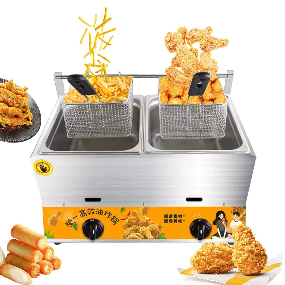 Commercial Gas Fryer, Stainless Steel, 2 Baskets with Lids, 10 L + 10 L