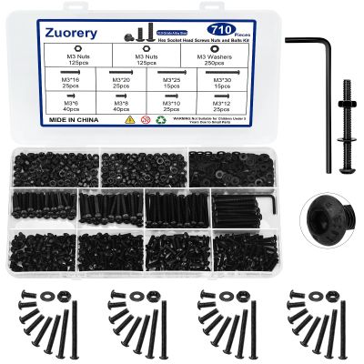 Zuorery 710-Piece M3 Black Zinc-Plated Hex Socket Screw Set, M3 x 6/8/10/12/16/20/25/30 mm, Alloy Steel Grade 10.9, Nuts and Washers