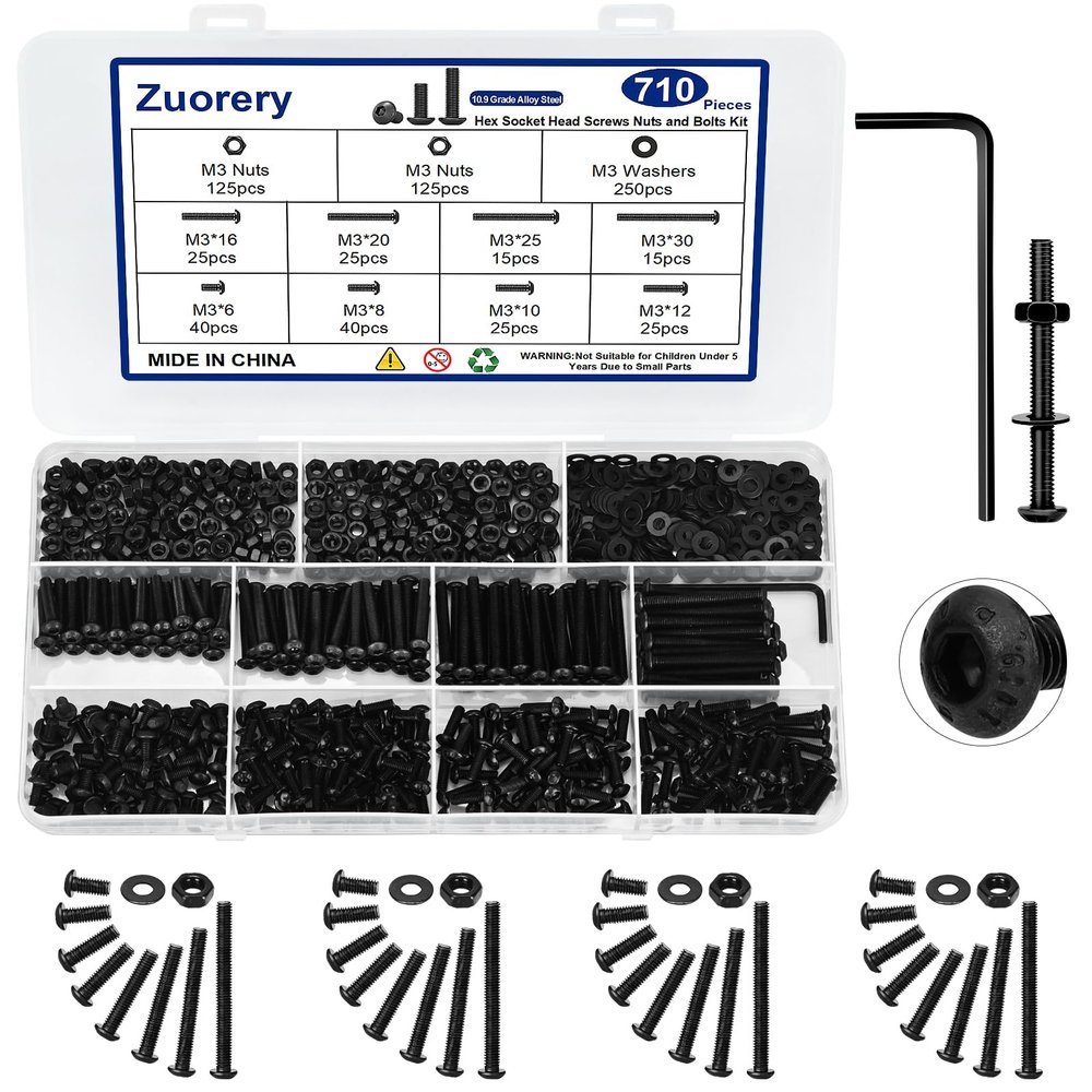 Zuorery 710-Piece M3 Black Zinc-Plated Hex Socket Screw Set, M3 x 6/8/10/12/16/20/25/30 mm, Alloy Steel Grade 10.9, Nuts and Washers