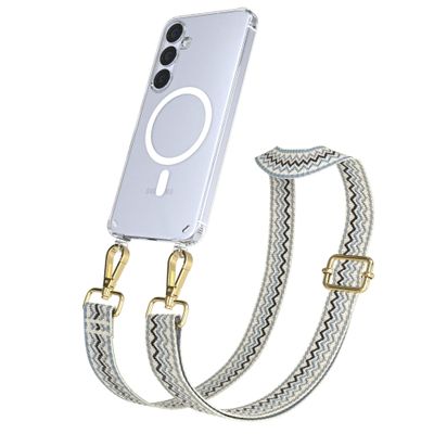 EAZY CASE Phone Lanyard for Galaxy S25 Plus, Adjustable Strap with Silicone Case, Wave, Beige/Blue/Gold