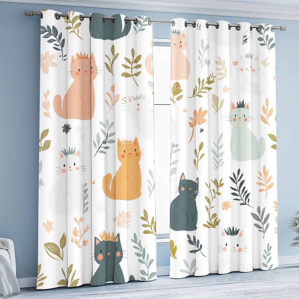 Kioldoq Cartoon Cat Blackout Curtains with Grommets, 175 x 140 cm, 2-Piece Set