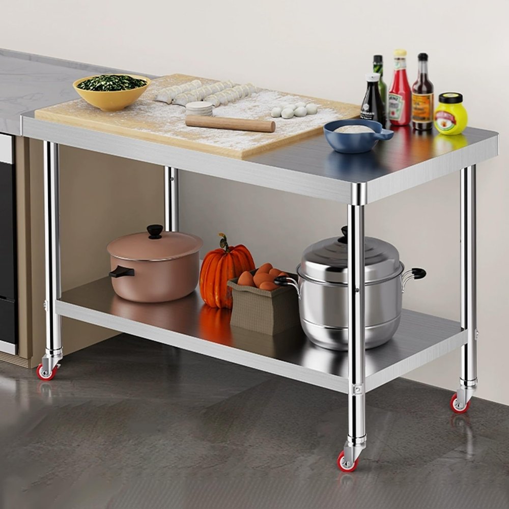 YUGXTH Stainless Steel Kitchen Work Table with Wheels, 2-Tier, 70 x 60 x 80 cm