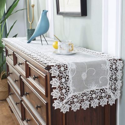 FRINZA Elegant Beige Lace Table Runner with Embroidery, 40 × 270 cm