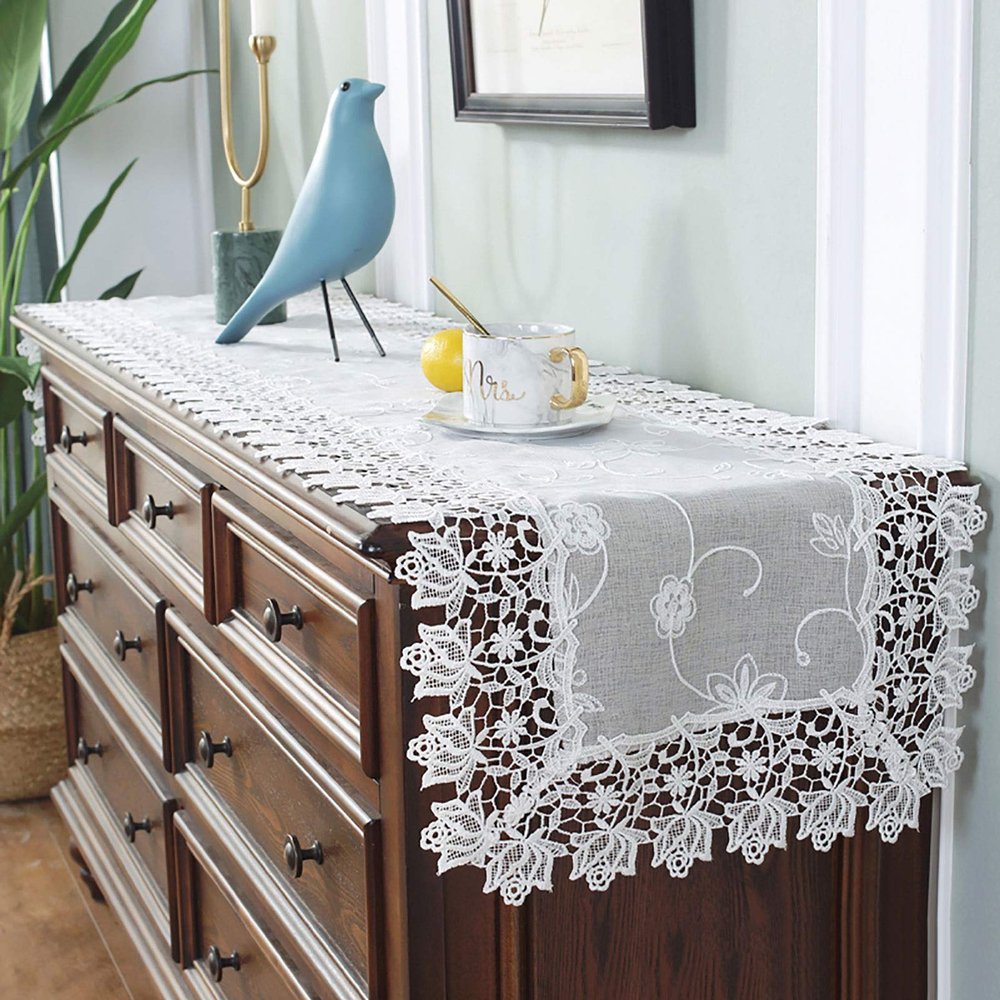 FRINZA Elegant Beige Lace Table Runner with Embroidery, 40 × 270 cm