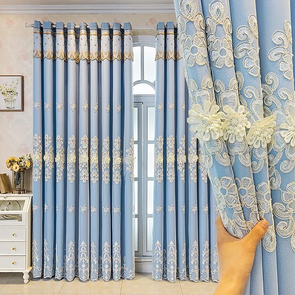 High-Quality Blue Embroidered Double-Layer Curtains, 167.6 x 228.6 cm, Elegant Luxury Curtains for Bedrooms and Living Rooms, Stylish European Home Decor, Elegant Window Treatments