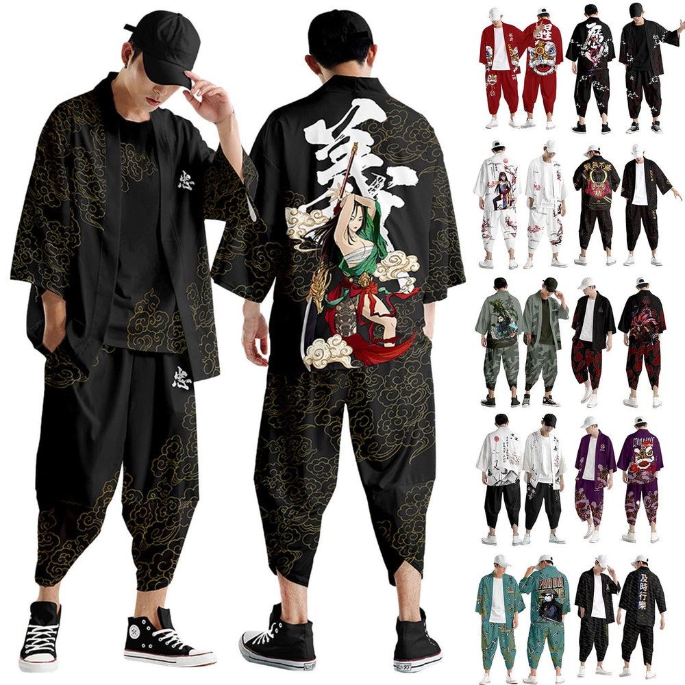 Bauzuoyo Yukata Kimono Two-Piece Set with Loose Cardigan and Shorts