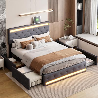 Upholstered Storage Bed 180 x 200 cm with 4 Drawers, LED Headboard and USB Charging