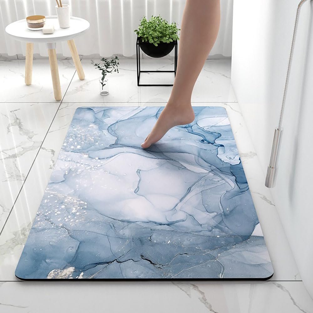 Lukery Diatomaceous Earth Bath Mat, Non-Slip Marble Rectangle, Quick-Drying, Light Blue, 40 x 60 cm