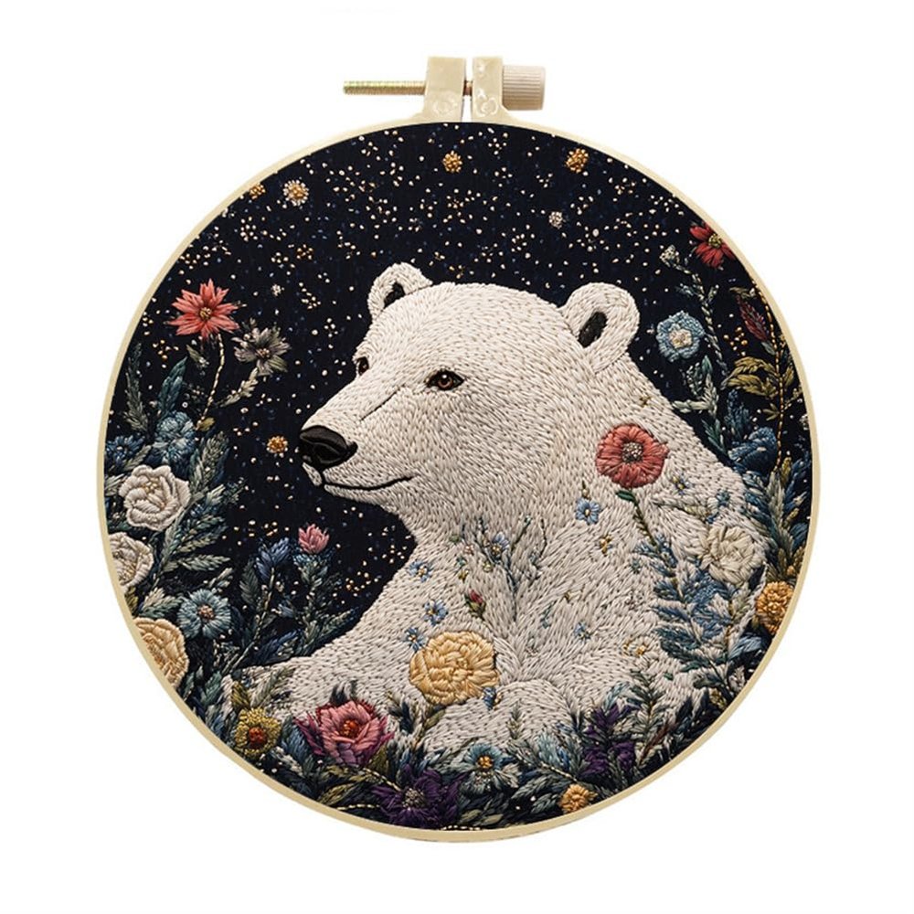 Meecaa Embroidery Kit with White Bear and Animal Flowers, Starter Set, Hand Embroidery Kit, Patterned Cross-Stitch Set for Beginners and Adults, with Hoop and Instructions (Polar Bear 3)