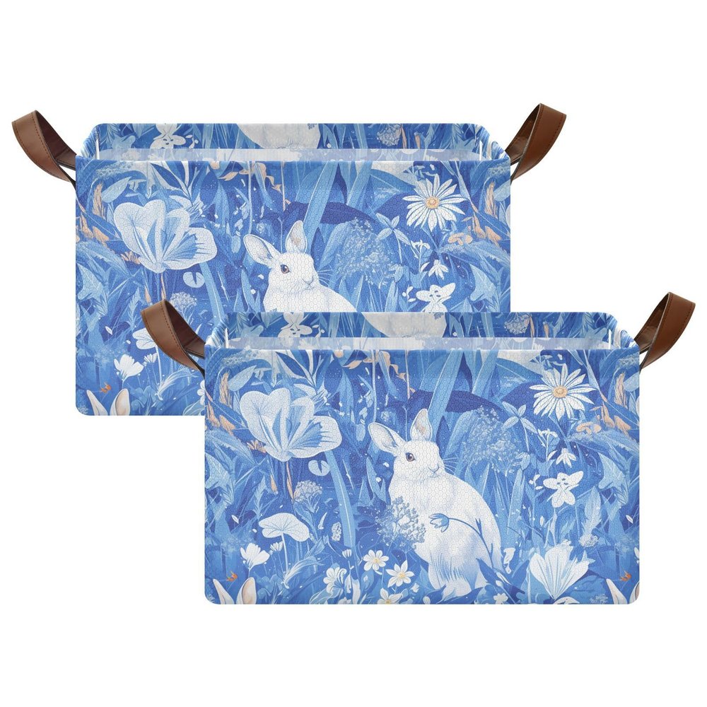 miaozhen Foldable Storage Baskets with Handles, Cartoon Jungle Rabbit, Blue, 2-Pack