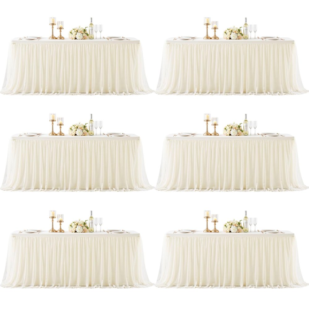 Little Funny Ivory Rectangular Stretch Tulle Ruffle Tablecloth, 1.8 m, 6-Piece Set