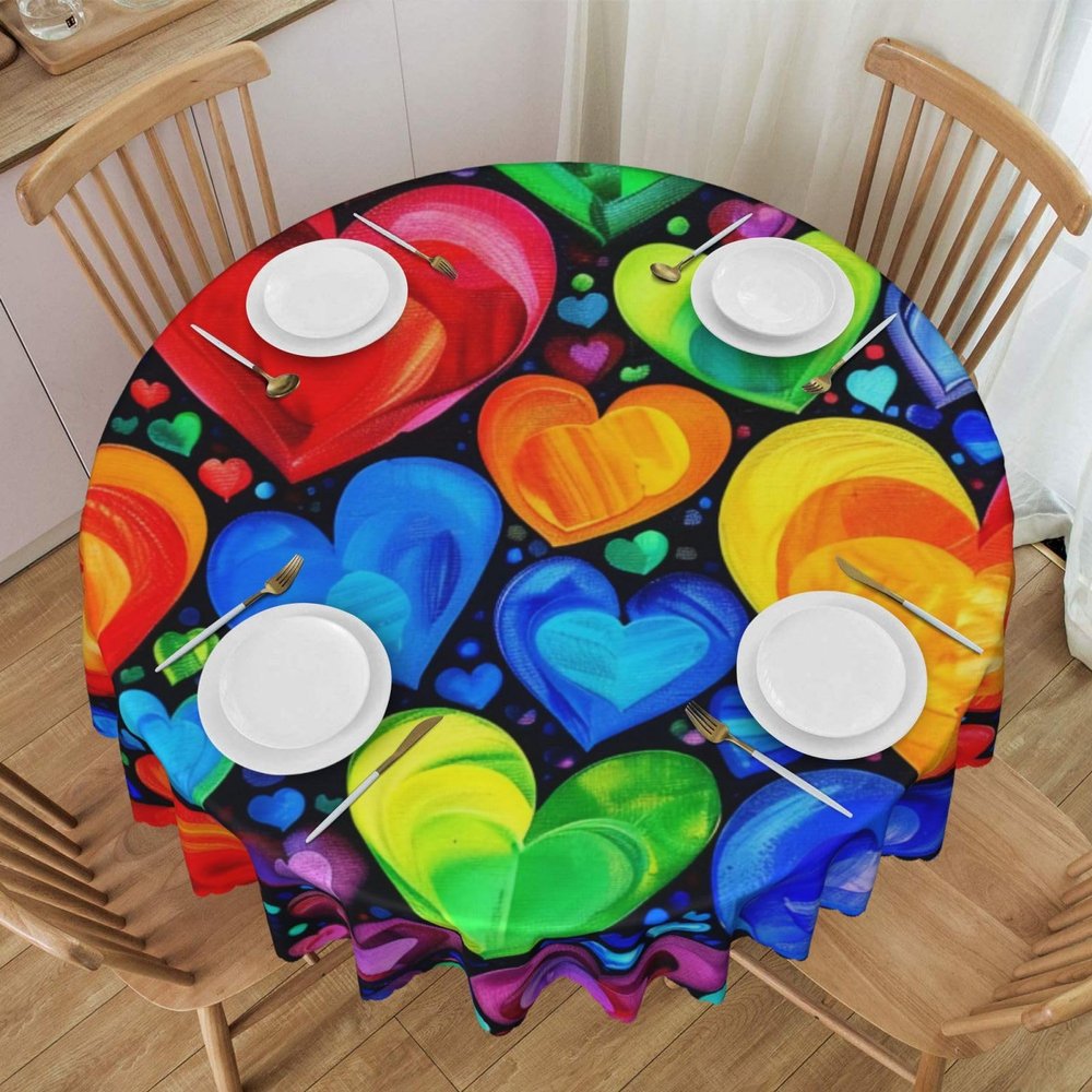 BWWHCCTI Round Tablecloth with Rainbow Hearts, 152.4 cm, Washable