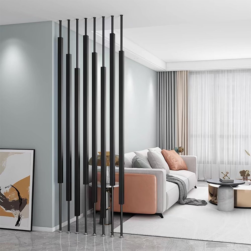 Whnoorher Freestanding Privacy Screen Room Divider, 150–270 cm, No-Drill, Black Iron Columns (D, 7-Piece, 290 cm)