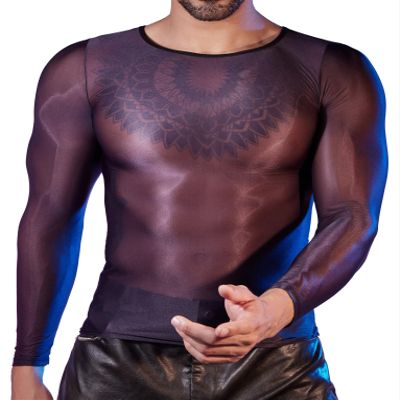 AIEOE Men's Shiny Mesh Shirt, Slim-Fit Tulle Long-Sleeve Top, Black, One Size S–M