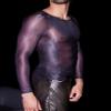 AIEOE Men's Shiny Mesh Shirt, Slim-Fit Tulle Long-Sleeve Top, Black, One Size S–M view 3