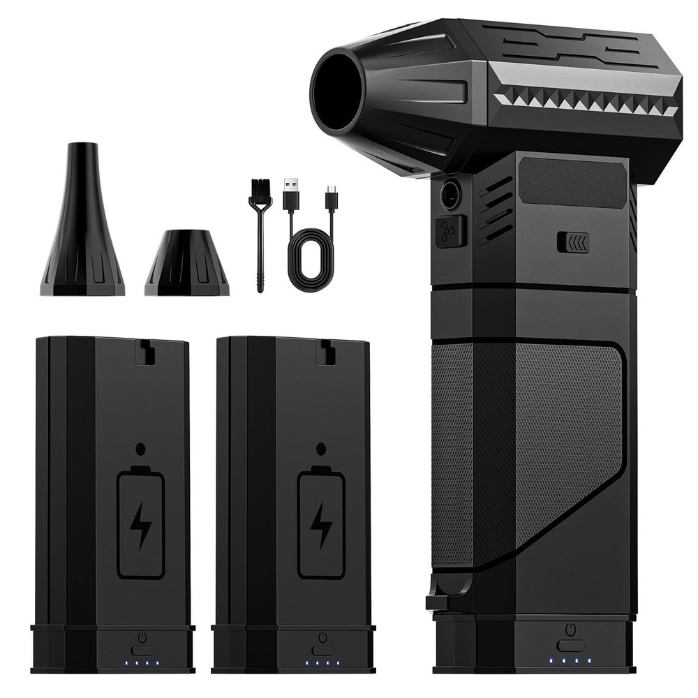 Electric Air Duster with 2 Modular Rechargeable Batteries, 220g+/223 MPH Airflow, 2 Magnetic Nozzles, 8,000 mAh, 3 Speeds, LED