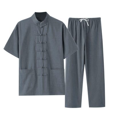 WAZHAKU Men's Training Suit, Two-Piece Tang Suit, Traditional Chinese Linen Kung Fu Costume with Long-Sleeve Shirt and Pants