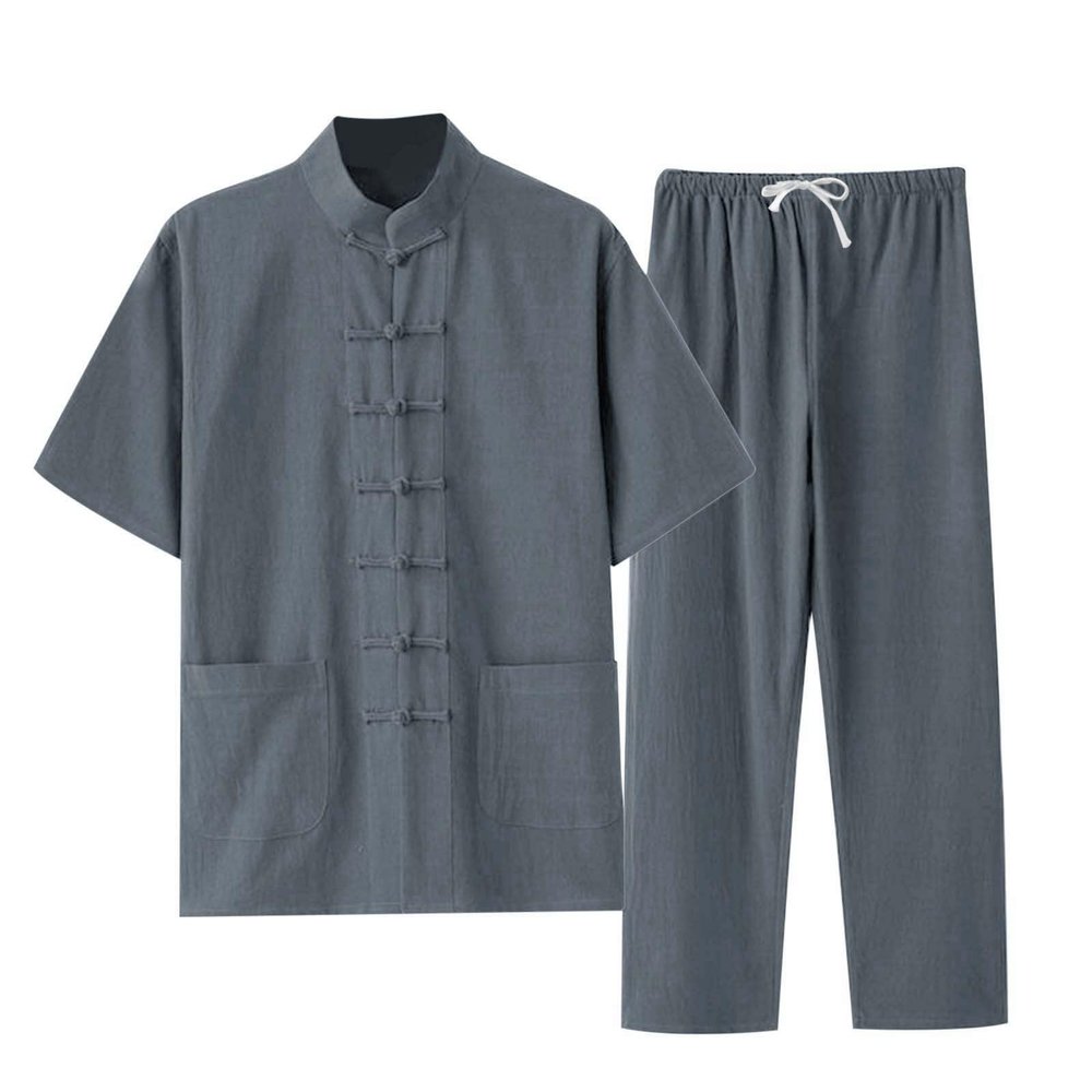 WAZHAKU Men's Training Suit, Two-Piece Tang Suit, Traditional Chinese Linen Kung Fu Costume with Long-Sleeve Shirt and Pants