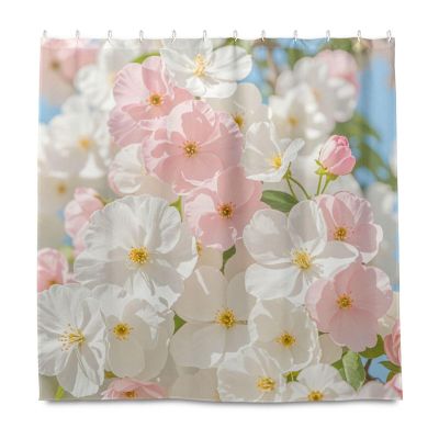 Waterproof Shower Curtain with Hooks, 183.9 x 183.9 cm, Pink Floral White Summer, Polyester, Washable, Standard Size