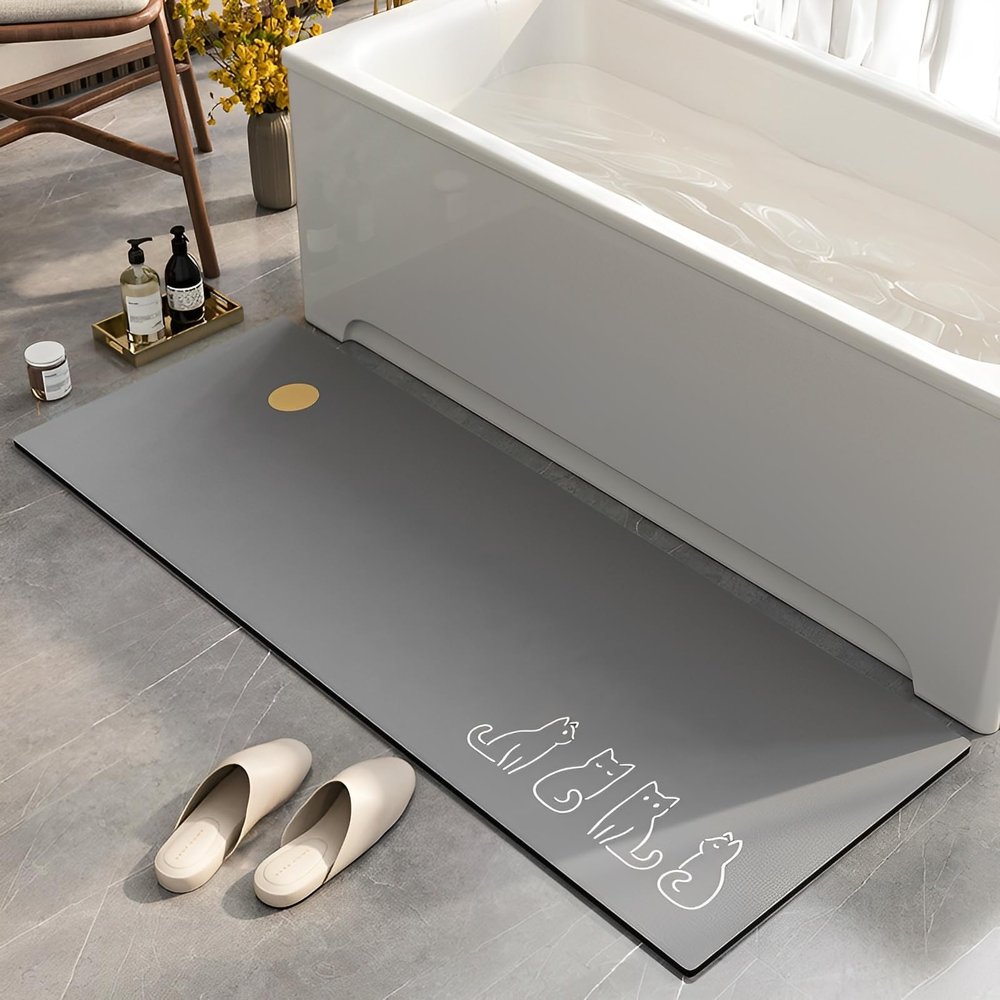 Lukery Diatomaceous Earth Bath Mat, Non-Slip, Quick-Drying, 3D Marble Gray Cat, 60 x 90 cm