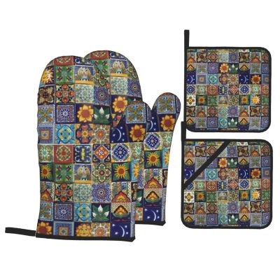 Mandala Talavera Tile Oven Mitts and Potholders, 4-Piece Set