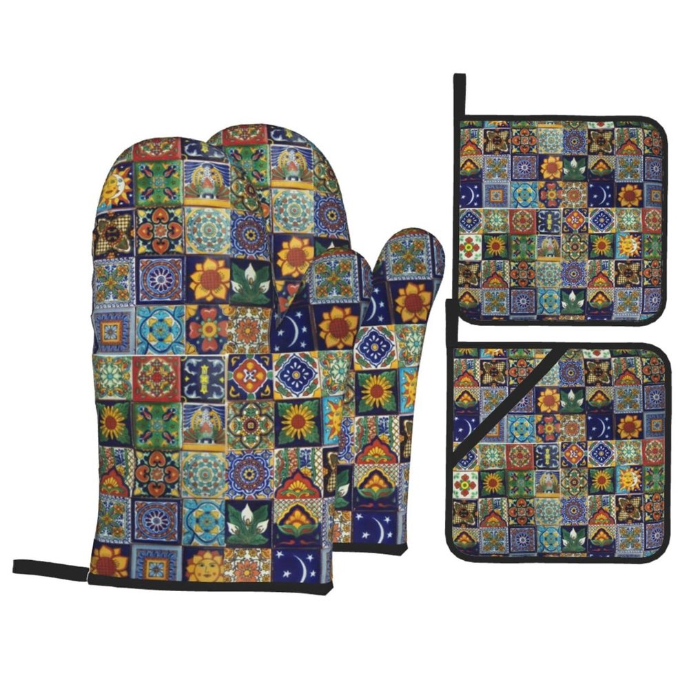 Mandala Talavera Tile Oven Mitts and Potholders, 4-Piece Set