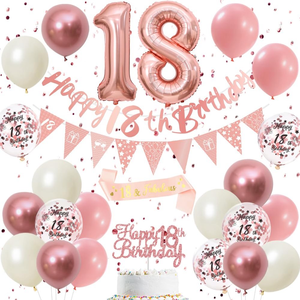 18th Birthday Decorations, Retro Pink and Rose Gold Party Set