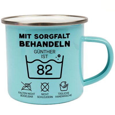 Kiddle-Design Personalized 82nd Birthday Mug, “Handle with Care,” Light Blue Enamel Mug