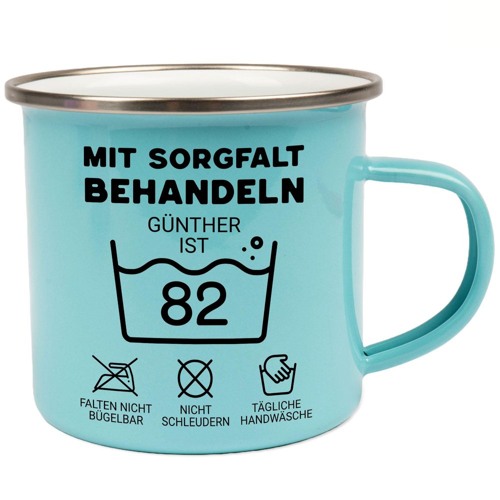 Kiddle-Design Personalized 82nd Birthday Mug, “Handle with Care,” Light Blue Enamel Mug