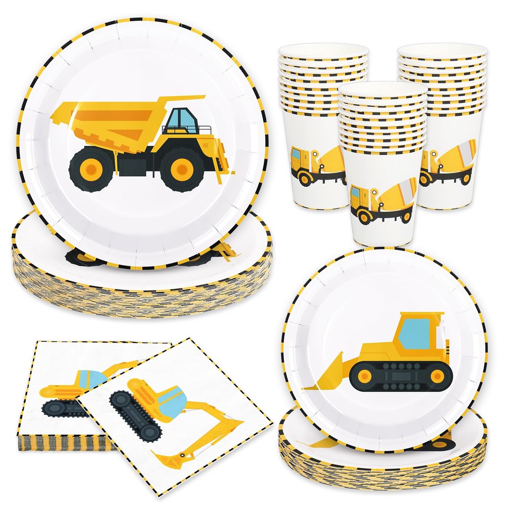 Whaline 96-Piece Construction Dump Truck Party Tableware Set for 24 Guests, Yellow/Black