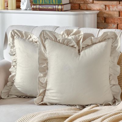 AmHoo 100% Pre-Washed Cotton Ruffle Pillow Covers, 2-Pack, 22 x 22 in, Beige