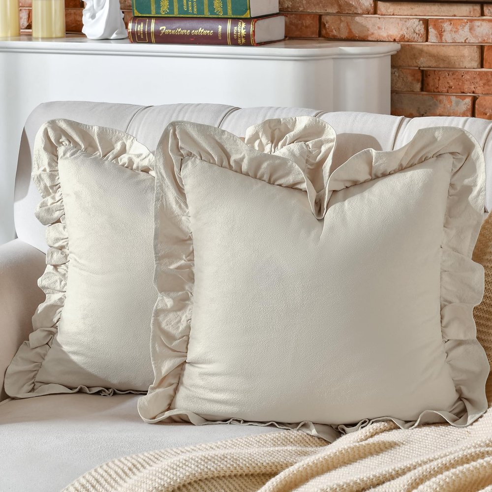 AmHoo 100% Pre-Washed Cotton Ruffle Pillow Covers, 2-Pack, 22 x 22 in, Beige