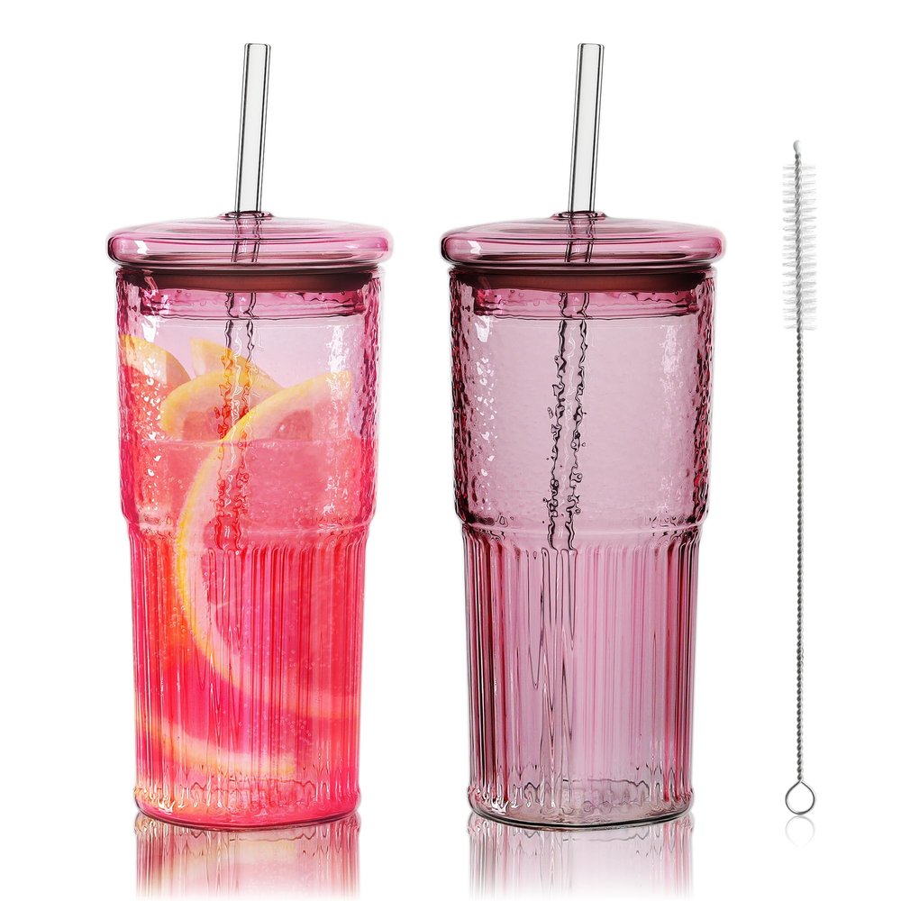 Joeyan 650 ml Pink Ribbed Drinking Cups with Lids and Straws, 2-Piece Set