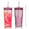 Joeyan 650 ml Pink Ribbed Drinking Cups with Lids and Straws, 2-Piece Set view 1