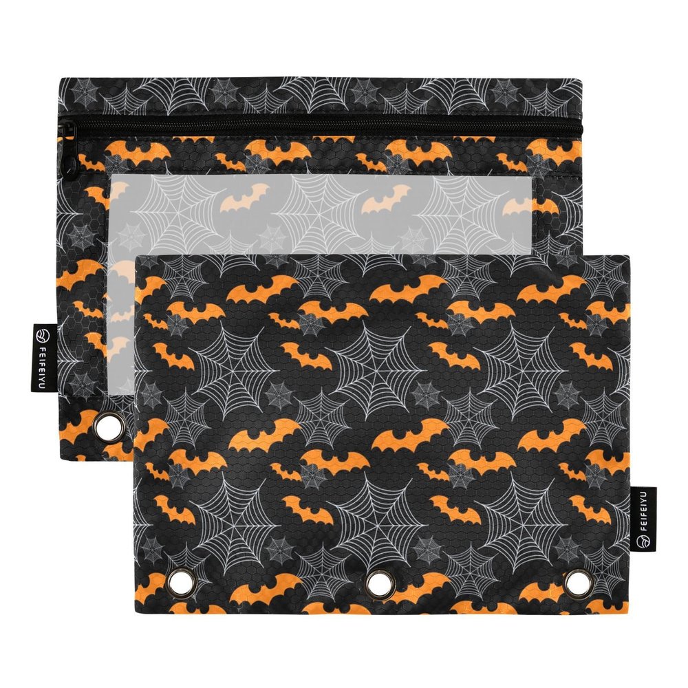 HMZXZ 3-Ring Binder Pencil Pouches, Halloween Bats and Spider Design, 2-Pack
