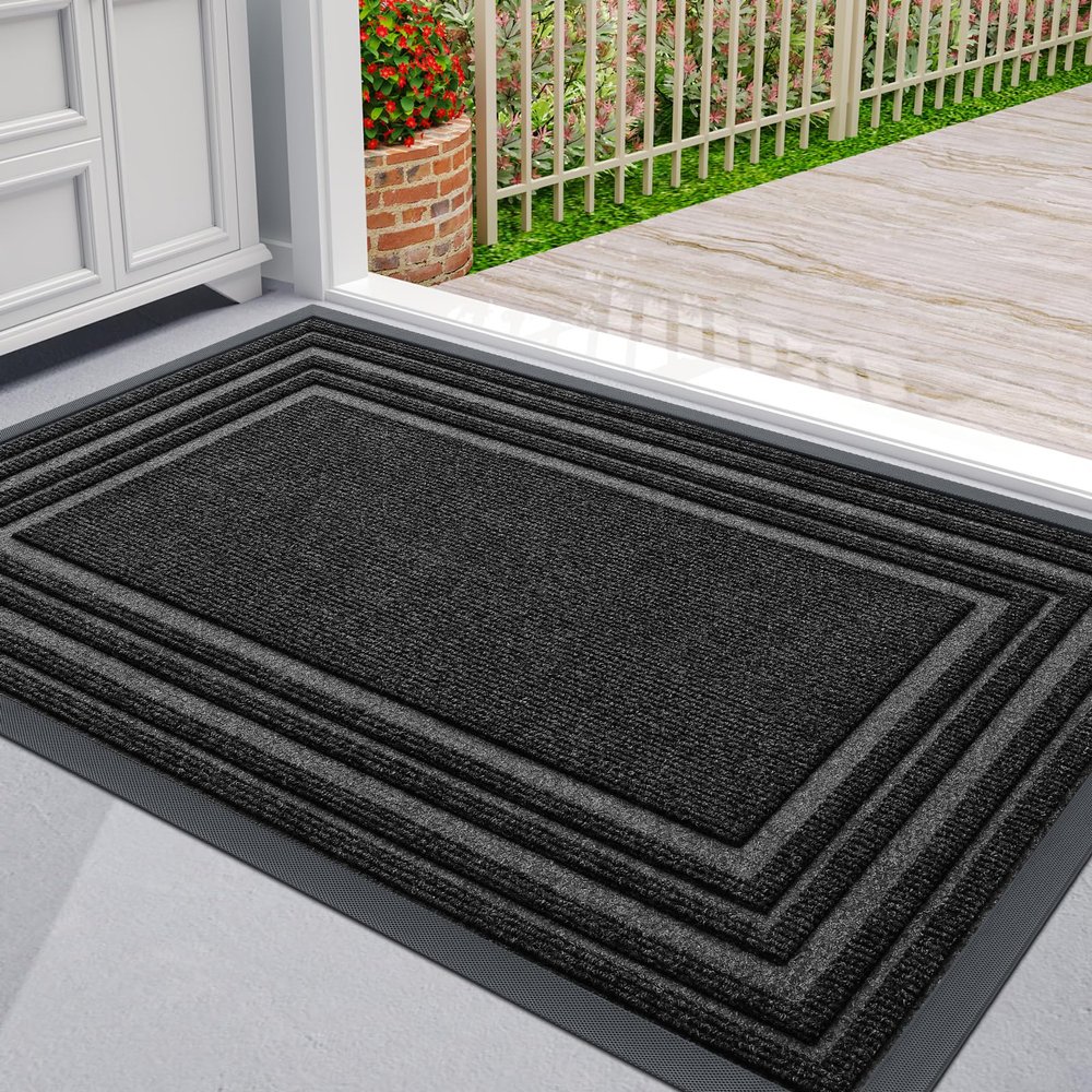 Durable Non-Slip Natural Rubber Doormat for Entryway, Garage & Farmhouse, Low Profile, Indoor/Outdoor, 73.7 x 43.2 cm Black and 91.4 x 61 cm Silver Gray