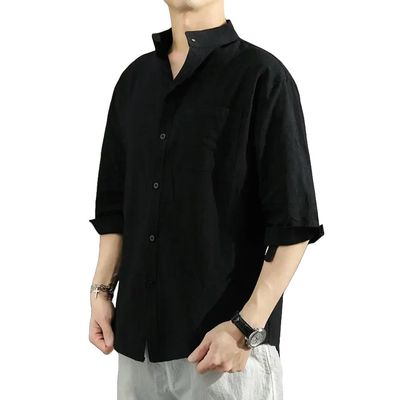 MQMYJSP Men's Summer Cotton-Linen Loose Casual Stand-Collar Three-Quarter-Sleeve Shirt, Breathable, Black, XL