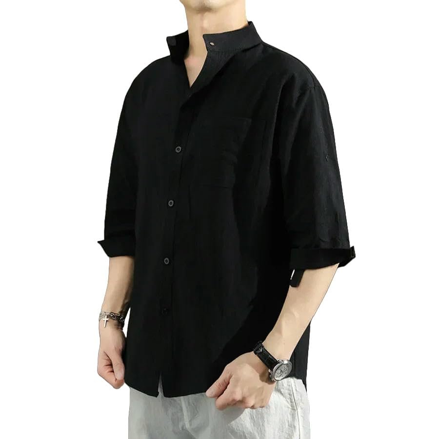 MQMYJSP Men's Summer Cotton-Linen Loose Casual Stand-Collar Three-Quarter-Sleeve Shirt, Breathable, Black, XL