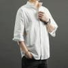 MQMYJSP Men's Summer Cotton-Linen Loose Casual Stand-Collar Three-Quarter-Sleeve Shirt, Breathable, Black, XL view 2